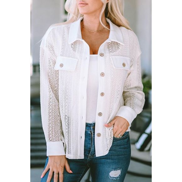 Azura Exchange  Beige Lace See-through Button Collared Shacket - Picture 9 of 15